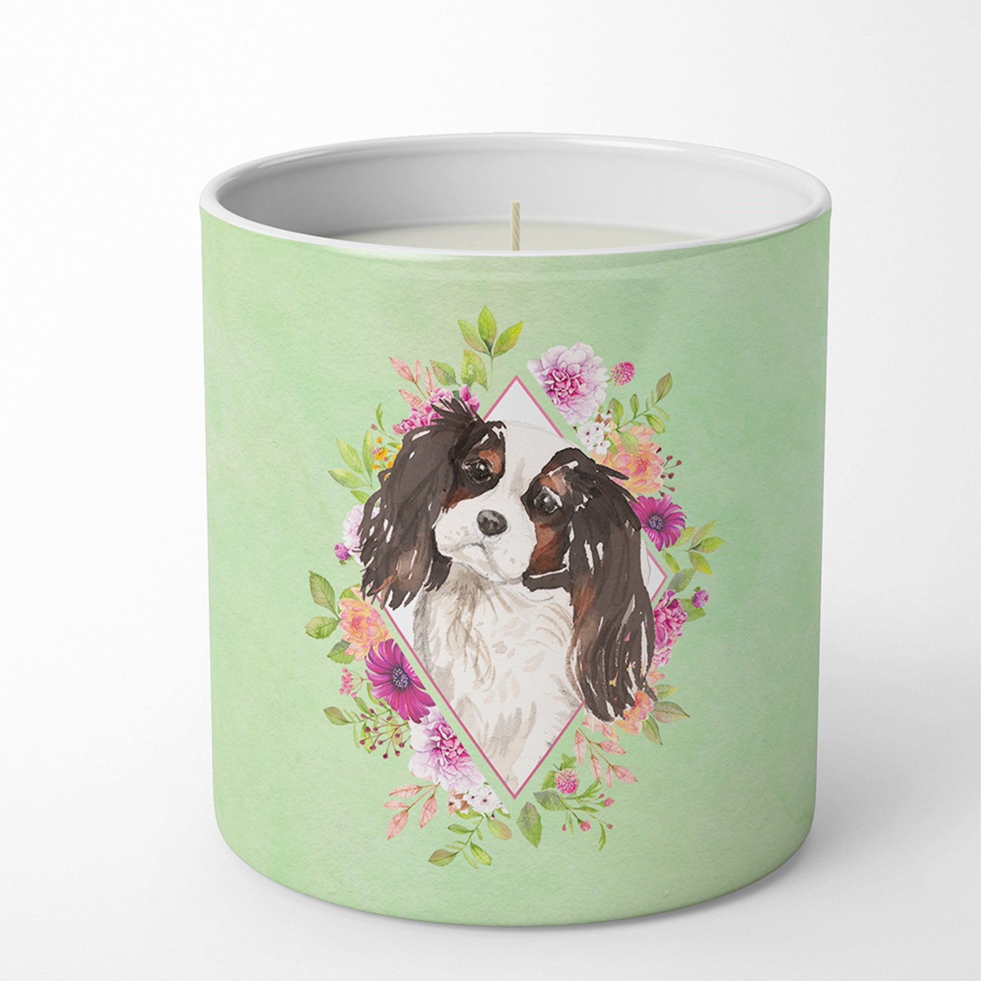 Tricolor Cavalier Spaniel Green Flowers 10 Oz Decorative Soy Candle